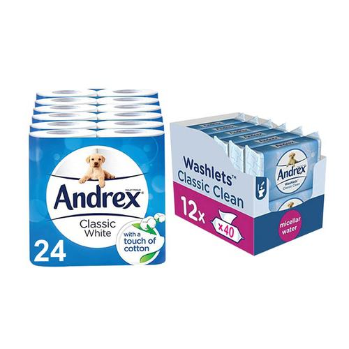 Bild von 24 Toilet Rolls of Andrex Classic White with 240 Flushable Toilet Tissue Wipes