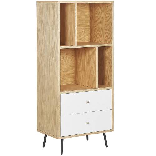 Bild von Beliani Bookcase Light Wood with White MDF 139 x 60 x 40 cm Storage Unit with Drawers Modern