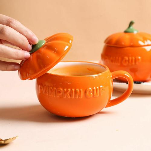 Bild von Pumpkin-shaped ceramic mug with lid, halloween decorations, halloween pumpkin mug（300ml）